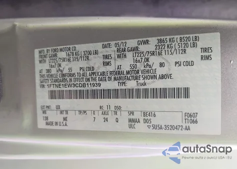 2012 Ford Econoline E150 Van z USA, uszkodzony, nr VIN 1FTNE1EW3CDB11939